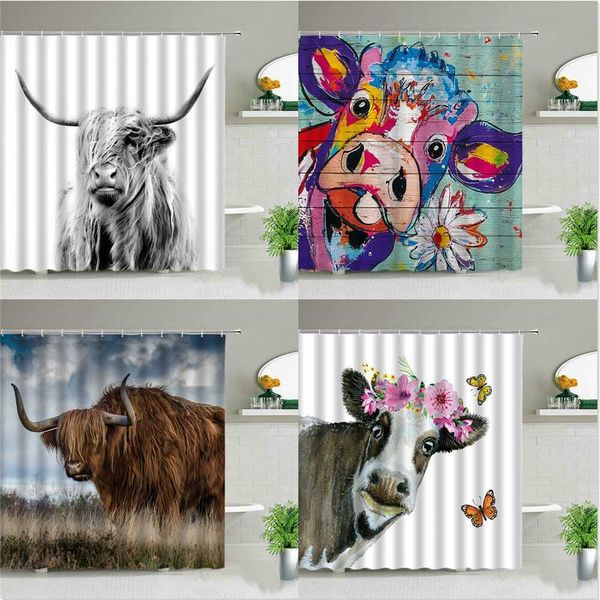 Flor Highland vaca tema chuveiro cortinas fazenda animal 3d impressão de pano impermeável banheiro cortina conjunto de arte de banheira com gancho 210609