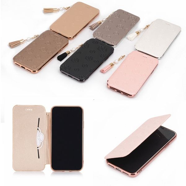 

cases cell phone sets suitable for iphone xs max fashion embossed camellia leather case 7plus hanging rope tassel electroplating tpu fall pr