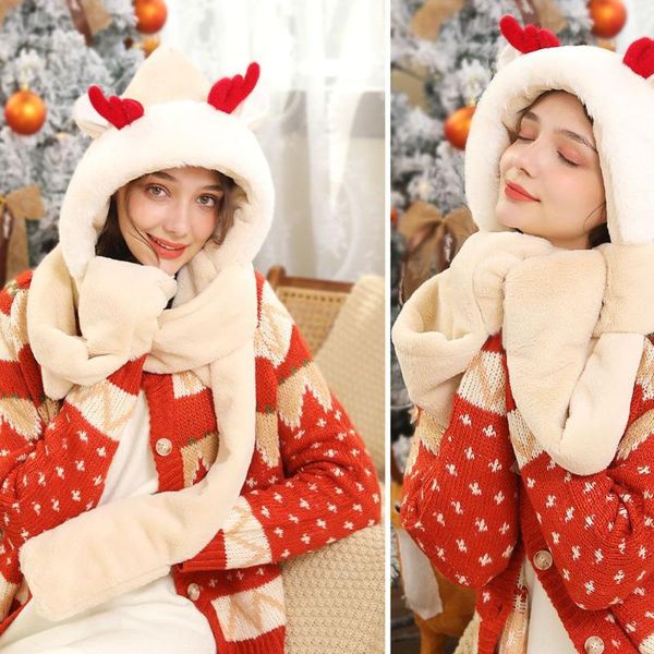 

berets fashion gift three-piece female christmas ladies wool bib cap winter scarf hat antlers gloves set, Blue;gray