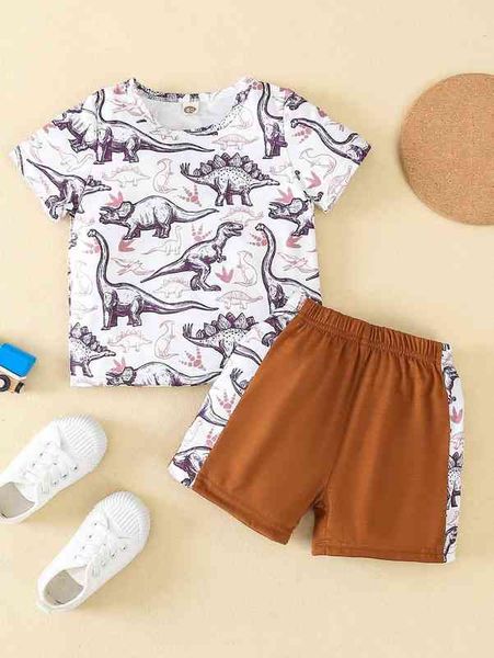 

baby allover dinosaur print tee & shorts she, White