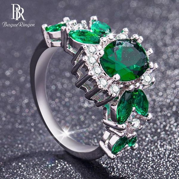 

cluster rings bague ringen 925 sterling silver women emerald ring with round shape gemstones fine jewelry party gift size 6-10, Golden;silver