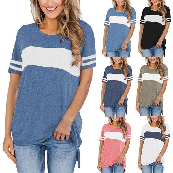 

women's blouses & shirts fashion color block split blouse shirt high low o-neck casual summer ladies female women short sleeve blus, White