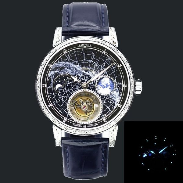 Armbanduhren Top Luxus Herren Automatische Tourbillon Uhr Mode Super Sternenhimmel Mondphase Leuchtende Männer Leder Geschenkuhr