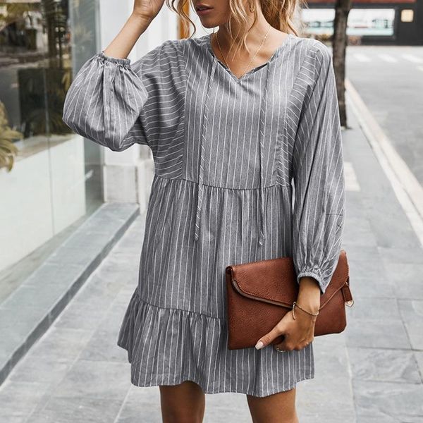 

ladies elegant simple loose striped short dress fashion v-neck high waist casual long sleeve autumn dresses 2021 women dress, Black;gray