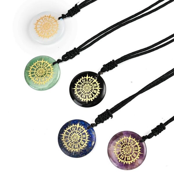 

natural stone fashion charm pendant engraved roman clock pattern reiki symbol necklace amethyst rose quartz opal obsidian healing crystal je, Silver