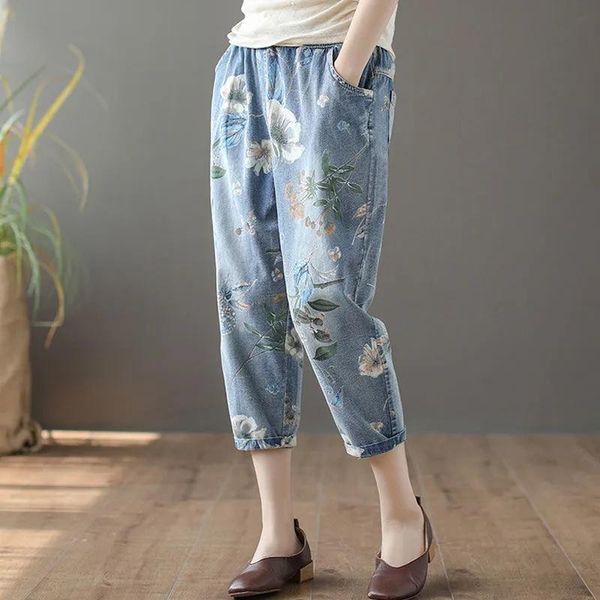 

women's jeans retro printed women 2021 summer thin loose plus size elastic waist harem pants female fashion calf-length denim, Blue