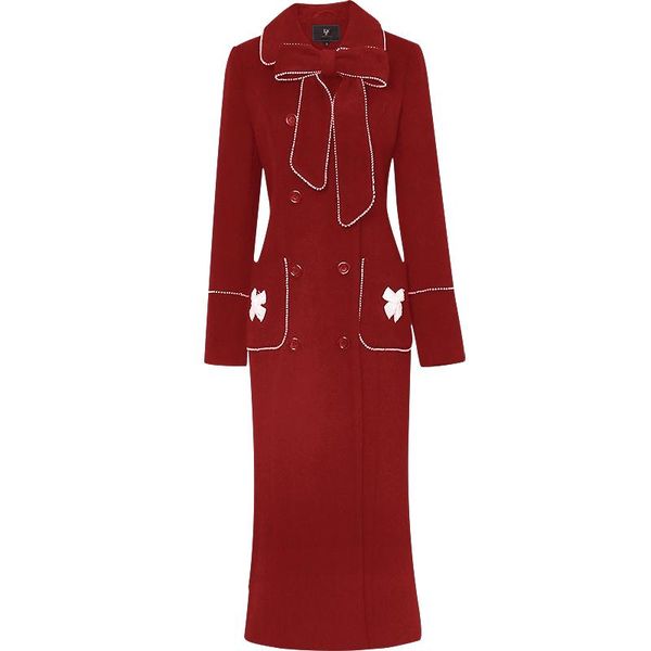 

women's wool & blends arrival vintage french style red long woolen coat women beading bow double breasted overcoat office lady, Black