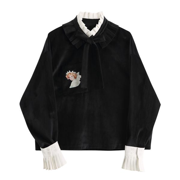 

2021 new original autumn winter angel print removable collar organ pleated cuffs retro veet sweatershirt women b72t, Black