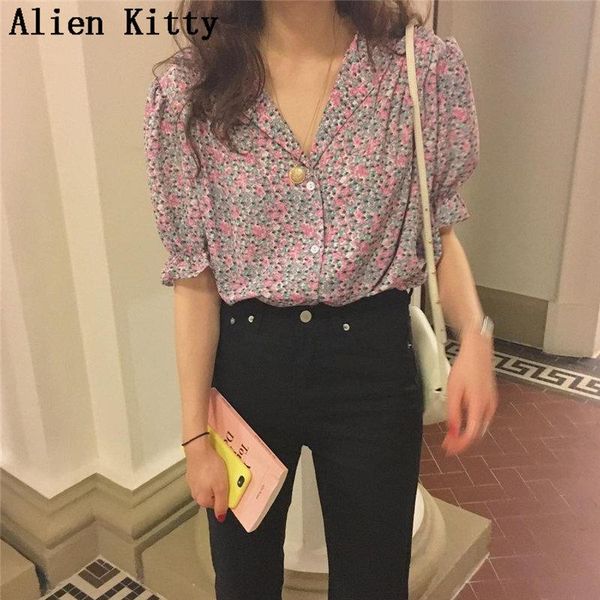 

women's blouses & shirts alien kitty korea summer fresh simple women elegant v-neck loose print short sleeves sweet casual chiffon shir, White