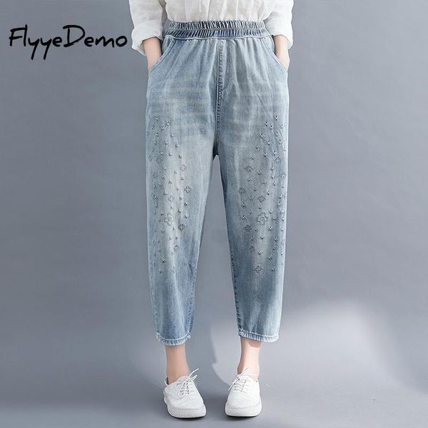 

women's jeans 2021 summer fashion style ladies luxury embroidery womens casual elastic denim trousers loose ripped harem pants plus siz, Blue
