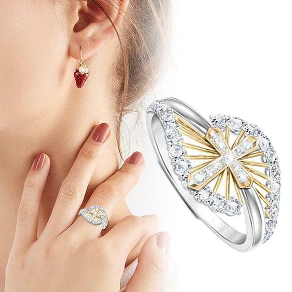 

cluster rings elegant cross women ring size 6-11 wedding anniversary rings@88, Golden;silver