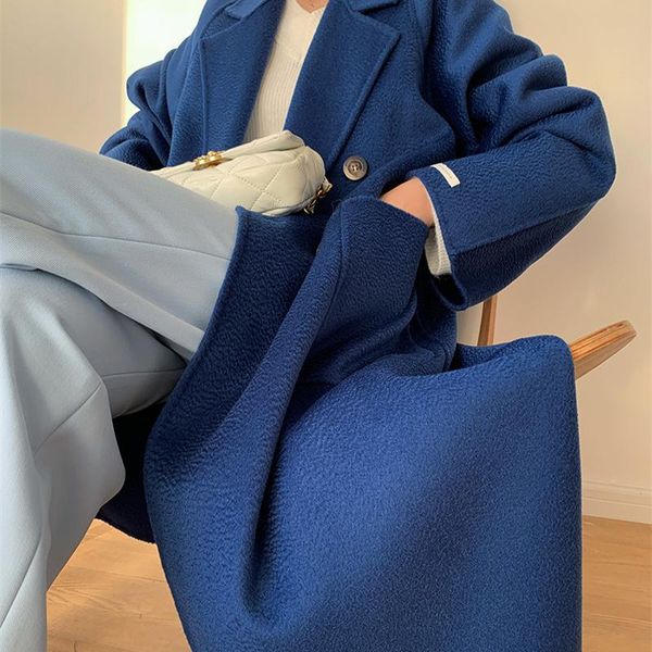 

women's wool & blends autumn and winter ins simple feng shui ripple coat medium long double-sided cashmere women 3349, Black