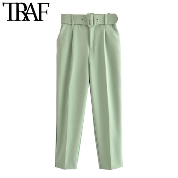 

traf women chic fashion high waist with belt pants vintage zipper fly pockets office wear female ankle trousers mujer 211013, Black;white