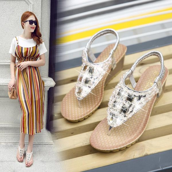 

sandals brand fashion rhinestone inlaid gladiator wedges for women ladies elegant casual heels summer shoes footwear, Black