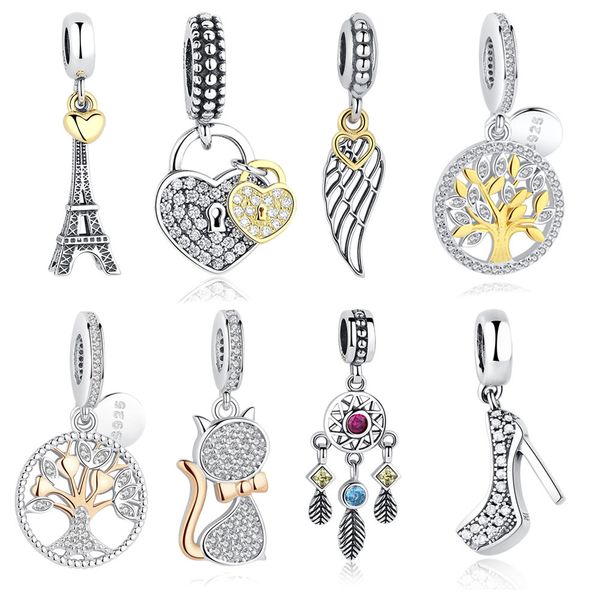 ELESHE 925 Sterling Silver Torre Eiffel Albero genealogico Oro Charm Bead Fit Braccialetti originali Braccialetti Ciondolo Gioielli fai da te Q0531