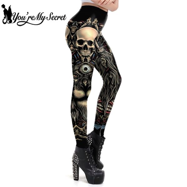 [Sei il mio segreto] Leggings di vendita di marca Gothic Skull Punk Women Legging Retro Mid Waist PUSH UP Leggins Allenamento Pantaloni alla caviglia 211215