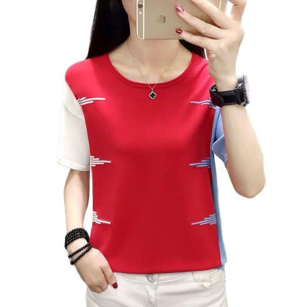 

women's t-shirt knitted t shirt women pink 2021 summer fashion short sleeve hit color tee casual o-neck woman tshirts camiseta mujer, White