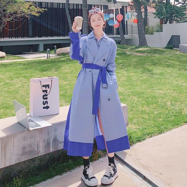 

women's trench coats coat spring autumn blue stitching windbreaker design sense long section ladies cloak fashion windproof jacket, Tan;black