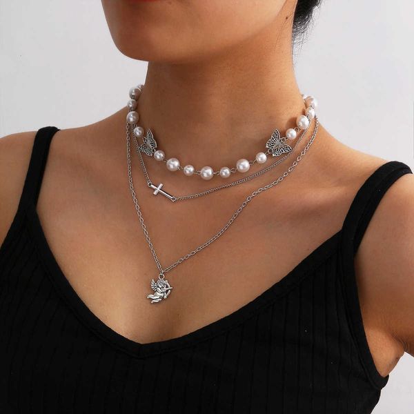 

fashion jewelry autumn new butterfly clavicle simple pearl cross necklace, Silver
