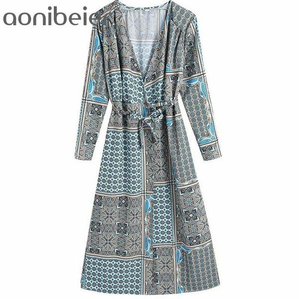 

vintage totem print high waist women a-line midi dress summer fashion deep v wrist sleeve female casual wrap 210604, Black;gray