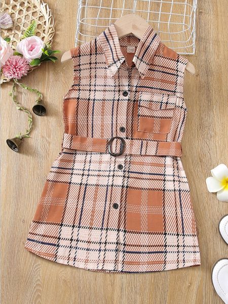 

toddler girls plaid flap pocket sleeveless belted shirt dress she, Red;yellow