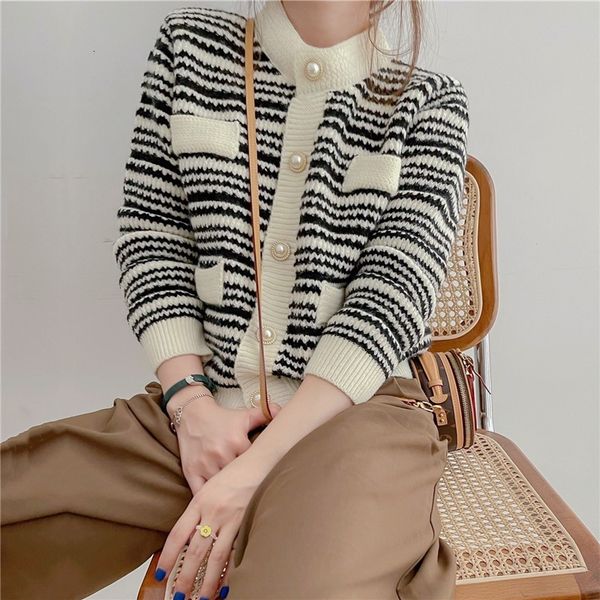 

sweater knit fashion personality small fragrance coat 2021 autumn and winter women's ted cardigan round neck striped, White;black