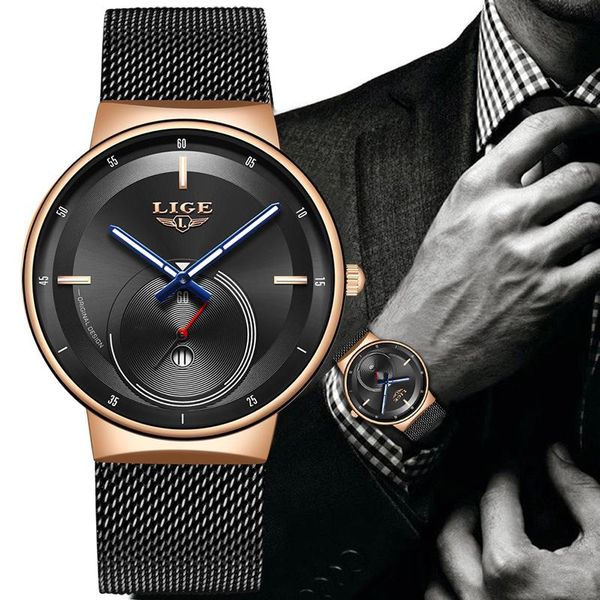 

wristwatches lige 2021 fashion mens watches quartz watch men casual slim mesh steel waterproof relogio masculino, Slivery;brown