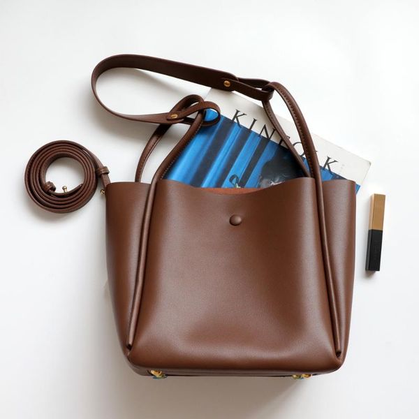 

evening bags 2021 simple autumn winter button design bucket tote bag cowhide leather women's handbag coffe color female shoulder blue