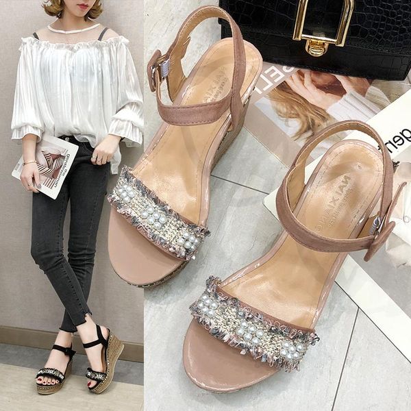 

women's sandals, summer new style ladies with flowers, flowers, pearls, one-word style, and comfortable women's sandals, Black