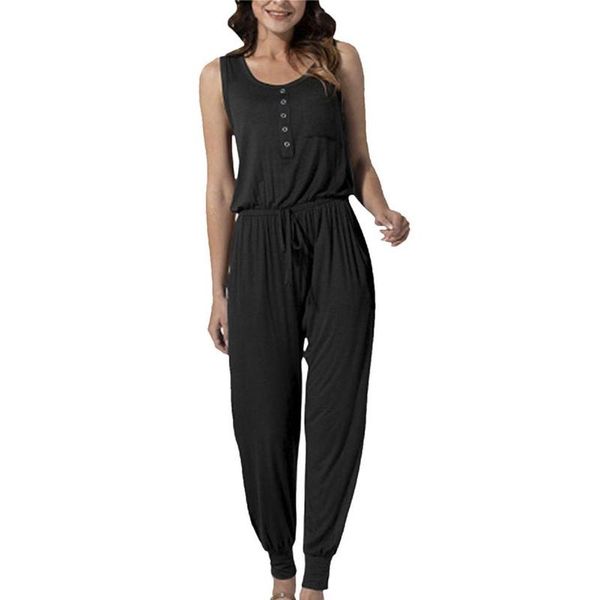 

women's pants & capris summer sleeveless women jumpsuits office u neck button pocket lady overalls casual female tie-up belted outfits, Black;white