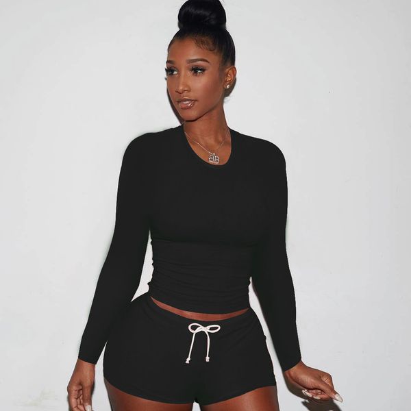 

two piece set long sleeve crop and shorts tracksuit 2021 autumn outfits for women active lounge wear d63-ca25, White