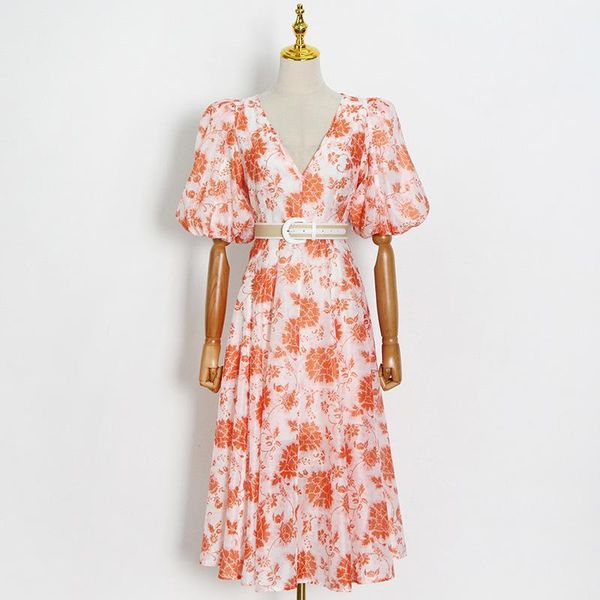 

party dresses women floral print midi summer dress puff sleeve high waist tunic sashes casual holiday, White;black