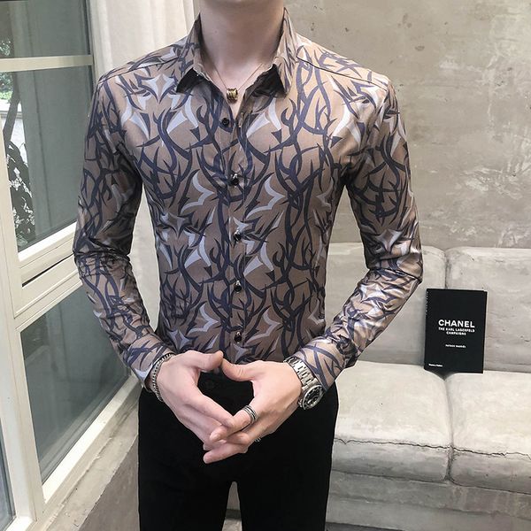 

autumn printed long thin sleeve casual shirt formal dress shirts streetwear men's clothes chemise homme jsac, White;black