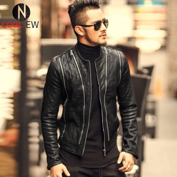 

men's leather & faux fashion mens multi zippers slim fit short real gost coat rock man o neck punk style genuine jacket, Black