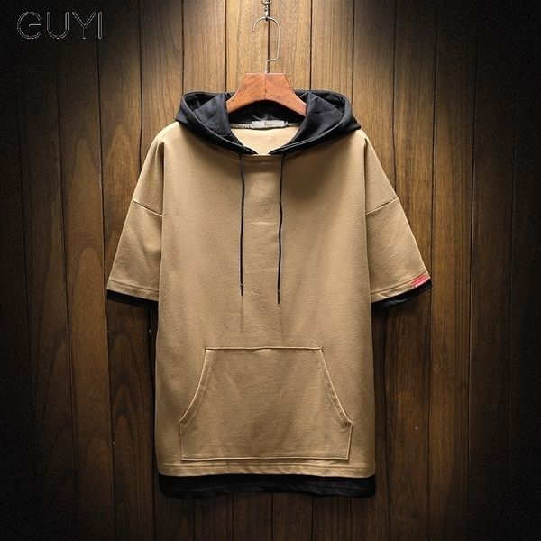 

guyi patchwork hoodies sweatshirts men hooded casual male lace up autumn hoodies hip hop boy pullover pocket short sleeve 201112, Black