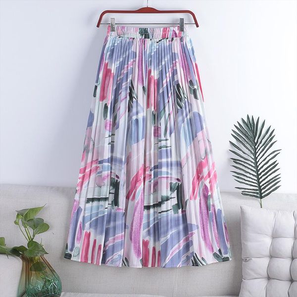 

skirts abstract printing a pleated skirt girl 2021 full-skirted show thin elastic waist in long, Black