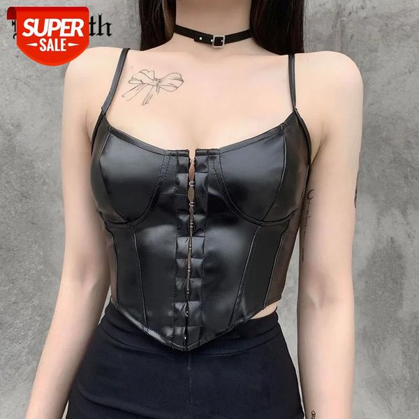 

insgoth pu leather y2k camis gothic spaghetti straps black camisole punk streetwear bodycon backless women cropped #ze7y, White