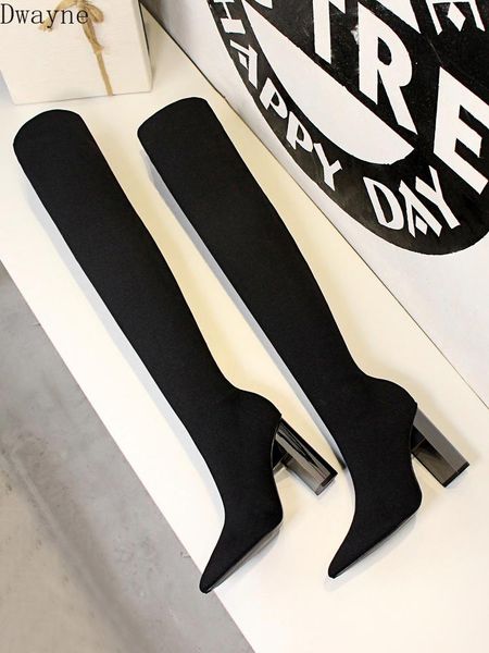 

boots 2021 winter socks women's thick with high-heeled knee long tube high knitted elastic stockings, Black