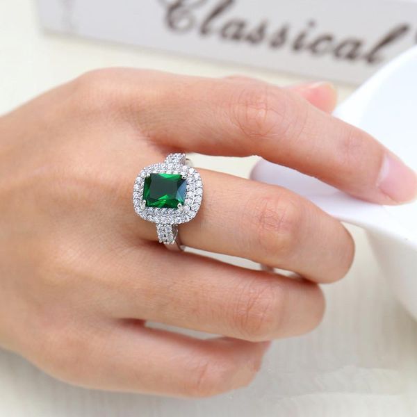 

wedding rings fine square cut green crystal cz ring white gold color fashionable women size 7 8 9, Slivery;golden