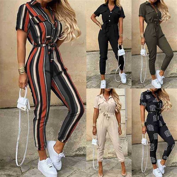 

summer women's casual lapel printed belt overalls om9300, Black