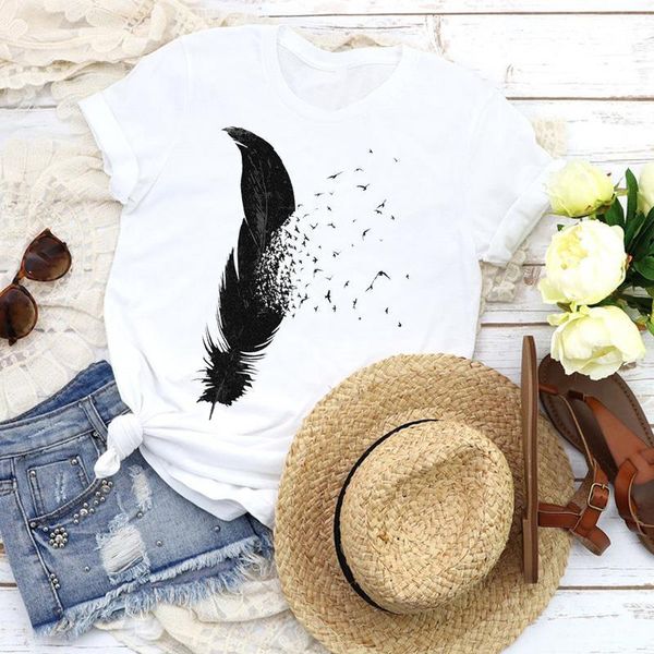 

women graphic feather bird cartoon fashion short sleeve 90s tees print t shirt clothing female shirt womens t-shirt, White