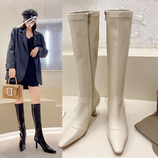 

boots women's knee retro solid color round toe zipper stiletto high, Black