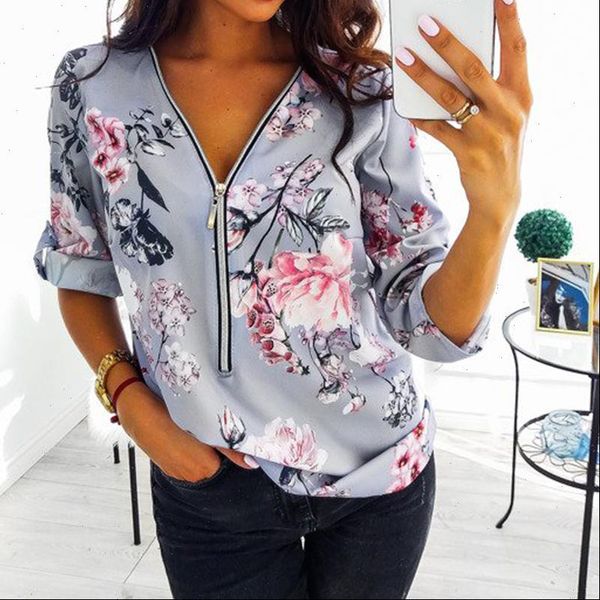 

plus size tunic shirt v neck shirt casual solid color floral print zipper blouse loose lady clothes 5xl, White