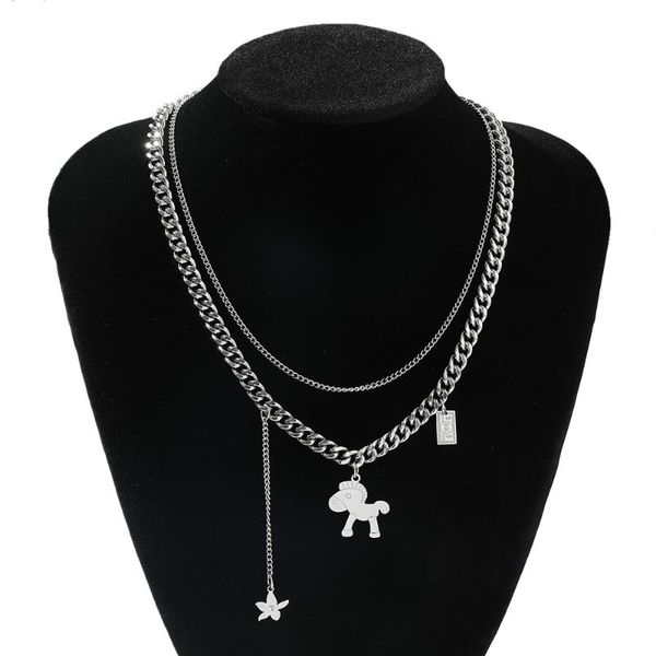

chains cute little horse drop double-deck choker necklace crystal flower hip-hop punk chain man women holiday party jewelry, Silver