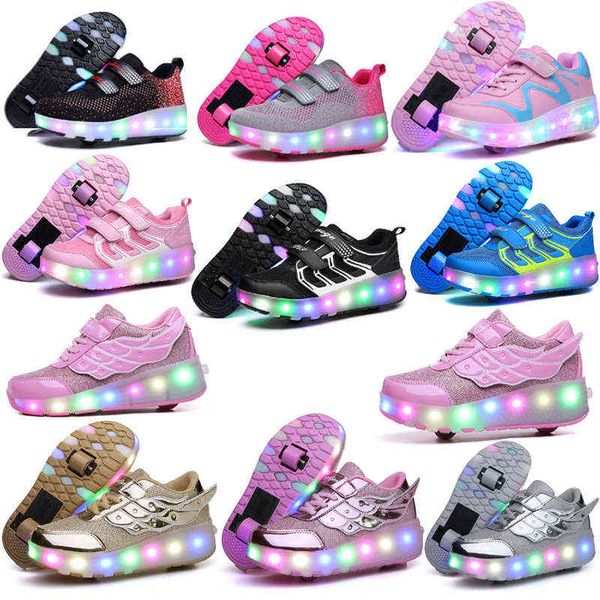 

two wheels luminous sneakers led light roller skate shoes for children kids led shoes boys girls shoes light up with wheels shoe g1210, Black;red
