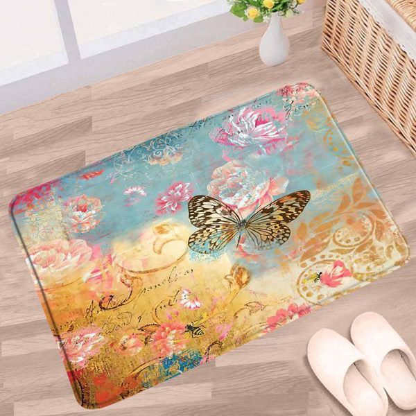 

bath mats vintage creativity butterfly bathroom mat pink floral watercolor pattern non-slip rug flannel kitchen doorway aisle carpet