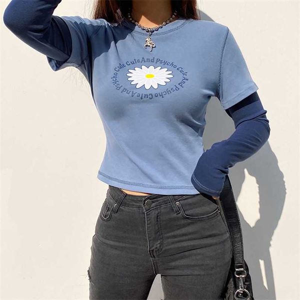 Harajuku Grafik Tees E-Kız Tops Çiçek Baskı Sevimli T-Shirt Y2K Kadınlar Mavi Vintage 90 S Estetik Giysi Patchwork Uzun Kollu 211110