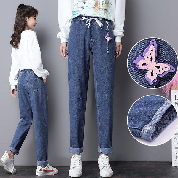 

women's jeans woman pants autumn and winter loose harem elastic high waist straight pantalones vaqueros mujer, Blue