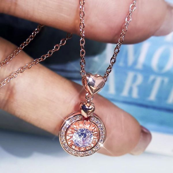 

pendant necklaces female luxury crystal round necklace fashion love heart wedding for women dainty rose gold silver color chain