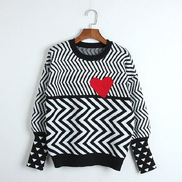 

2021 autumn winter women sweaters geometric heart pattern long sleeve lovely pullovers knitted loose jumper, White;black